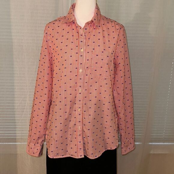 GAP M White Red Vertical Stripes Blue Swiss Dot Americana Fitted Boyfriend Shirt - Picture 2 of 14